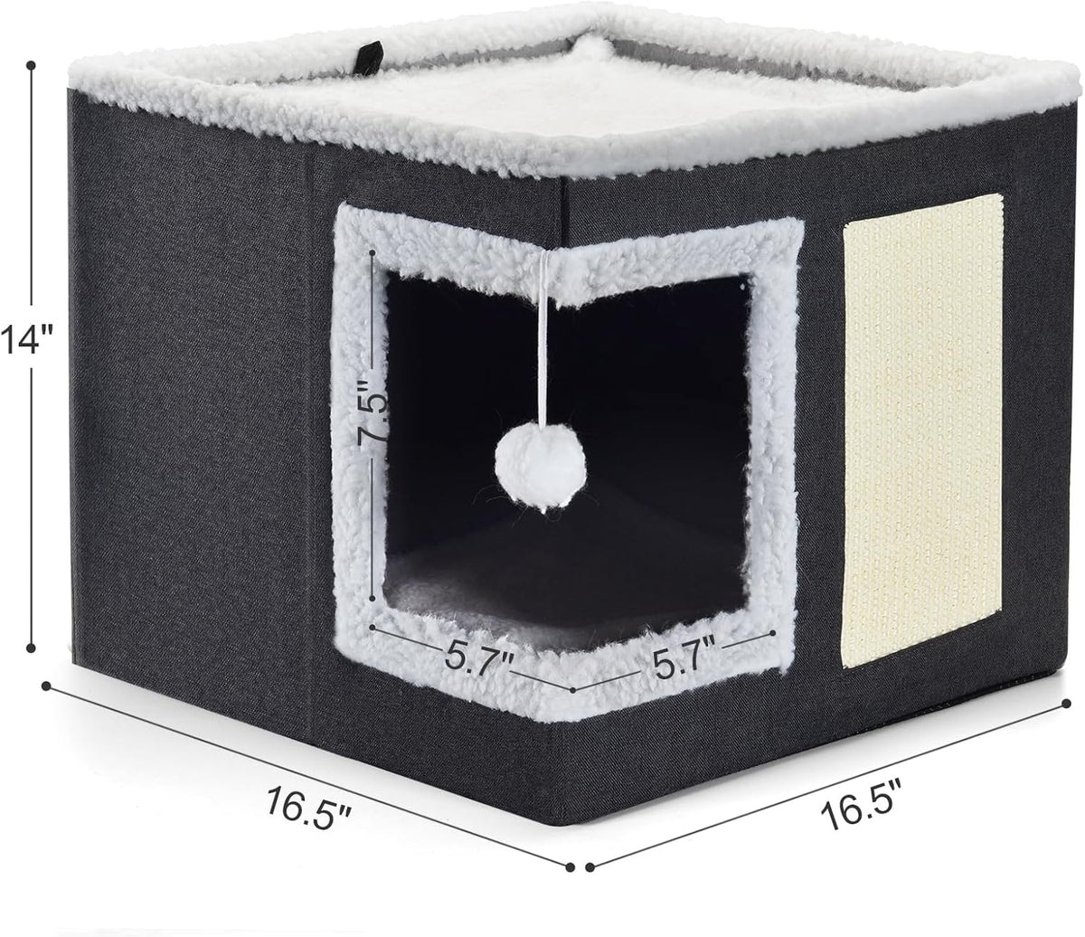 petizer Cat Bed for Indoor Cats, Large Covered Cat House with Scratch Pad, Foldable Cat Cave Bed &