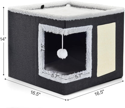 petizer Cat Bed for Indoor Cats, Large Covered Cat House with Scratch Pad, Foldable Cat Cave Bed &