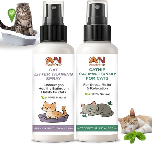 Cat Calming & Litter Training Spray Kit – 2-Pack 150ml Duo – Natural Catnip Calm Spray + Litter Box