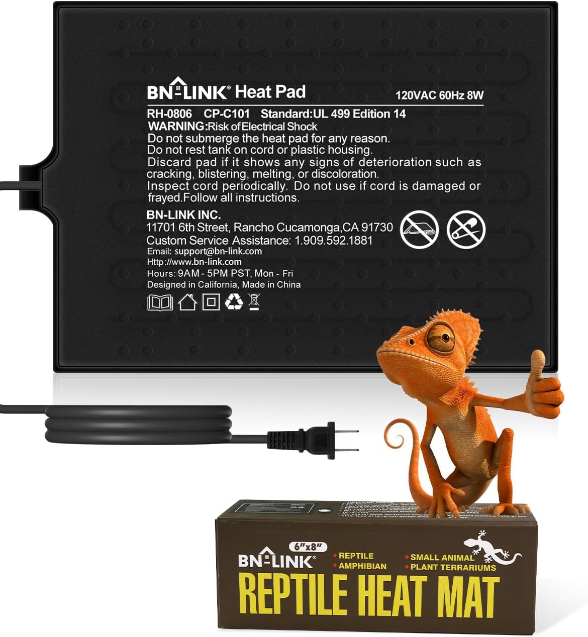 BN-LINK Reptile Heat Pad 6"X8" 8W for 10-20gal Under Tank Terrarium Heating Mat Waterproof for