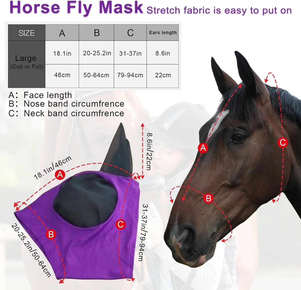 Horse Fly Mask with Ears, Comfortable Fit Stretch Fabric with UV Protection Soft on Skin