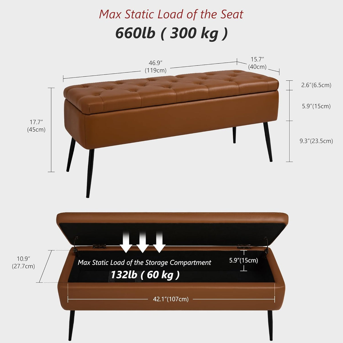 Leather Storage Ottoman Bench,End of Bed Bench for Living Room Bedroom Dinning Room