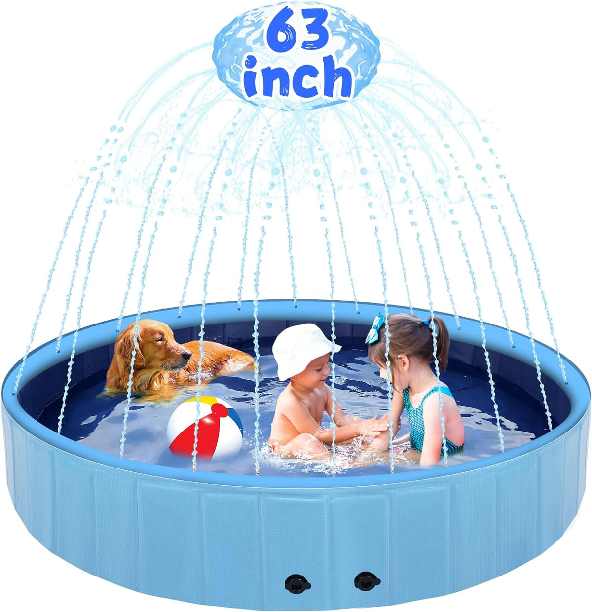 63" Large Dog Pool with Sprinkler, 2-in-1 Foldable Swimming Pool Non-Slip Hard Plastic Splash