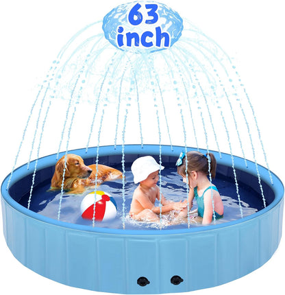 63" Large Dog Pool with Sprinkler, 2-in-1 Foldable Swimming Pool Non-Slip Hard Plastic Splash