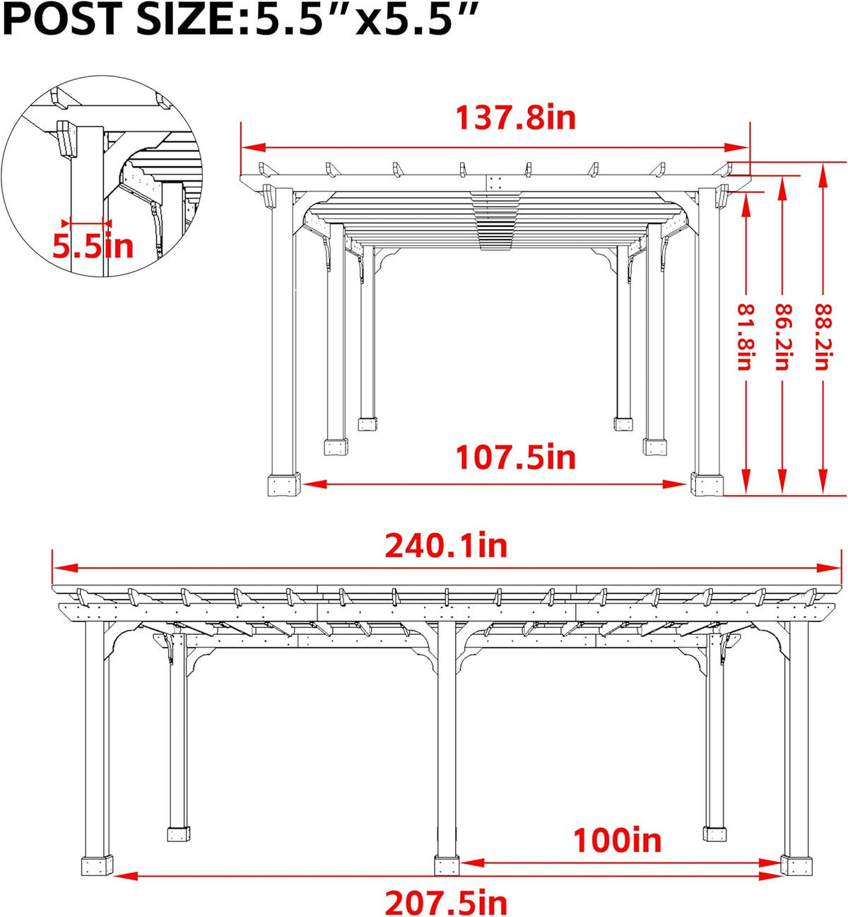 MUPATER 12x20 FT Retratable Wooden Pergola Gazebo for Patio Stakes, Quality Supported Structure