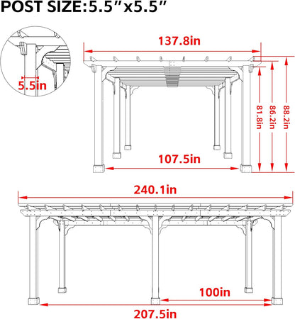 MUPATER 12x20 FT Retratable Wooden Pergola Gazebo for Patio Stakes, Quality Supported Structure