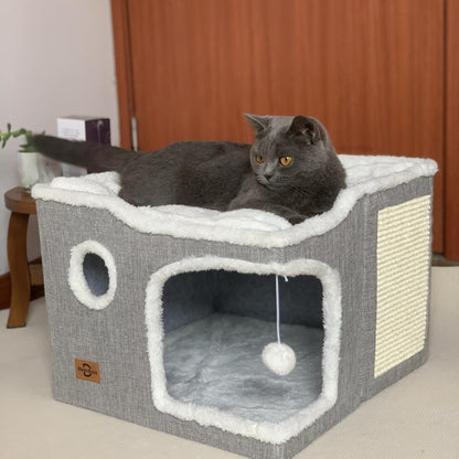 Cat Bed for Indoor Cats,Covered Cat Cave House & Furniture with Scratch Pad,Foldable Cat Hideaway