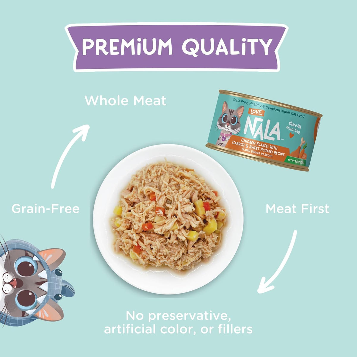 LOVE, NALA - Natural Adult Cat Wet Food - FLAKED Chicken with Carrot & Sweet Potato in Broth