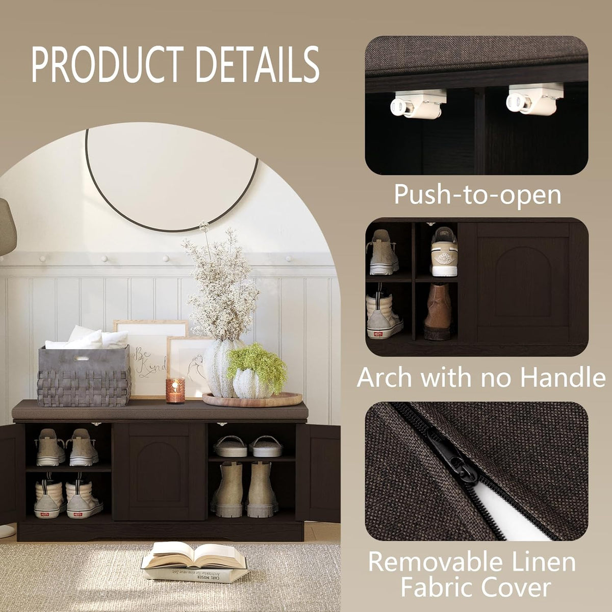 DINZI LVJ Shoe Bench, Entryway Storage Bench with Doors, Cushion, 2-Tier Shoe Rack with 6-Cubby