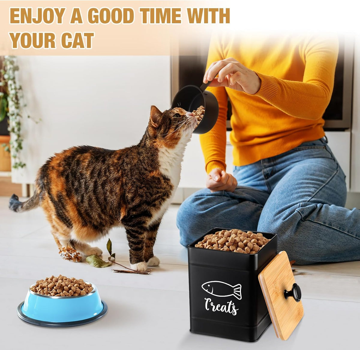 Metal Airtight Cat Food Containers Set of 3 with Bamboo Lids and Spoon 7+3+2 Lbs Cat Treat Storage