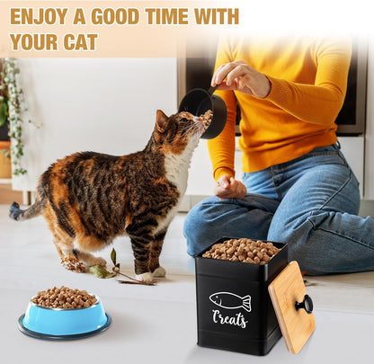 Metal Airtight Cat Food Containers Set of 3 with Bamboo Lids and Spoon 7+3+2 Lbs Cat Treat Storage