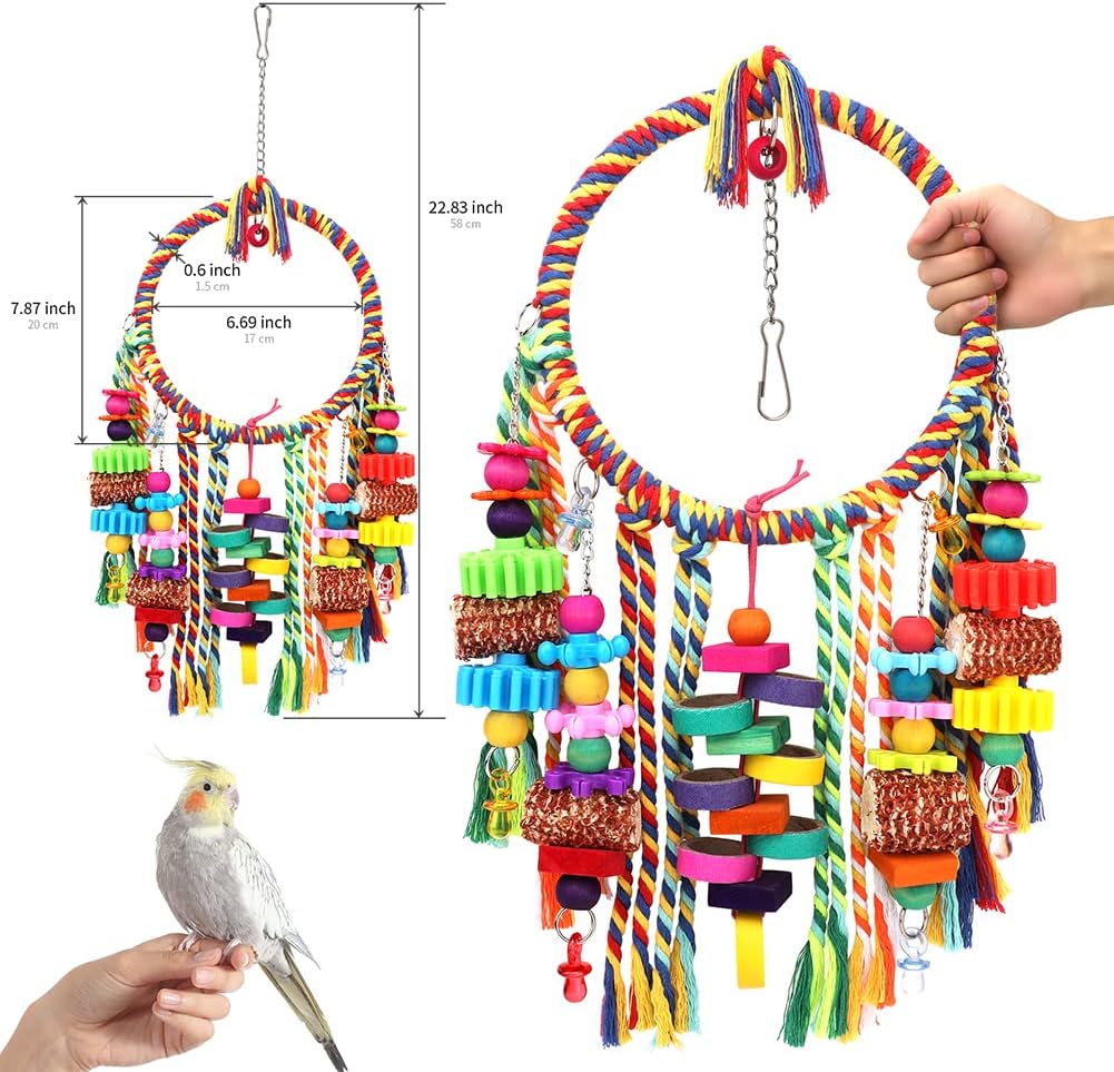 Bird Toys Bird Rope Ring Swing Perch with Corn Cob Cardboard Bagels Wooden Blocks Chewing Toys for
