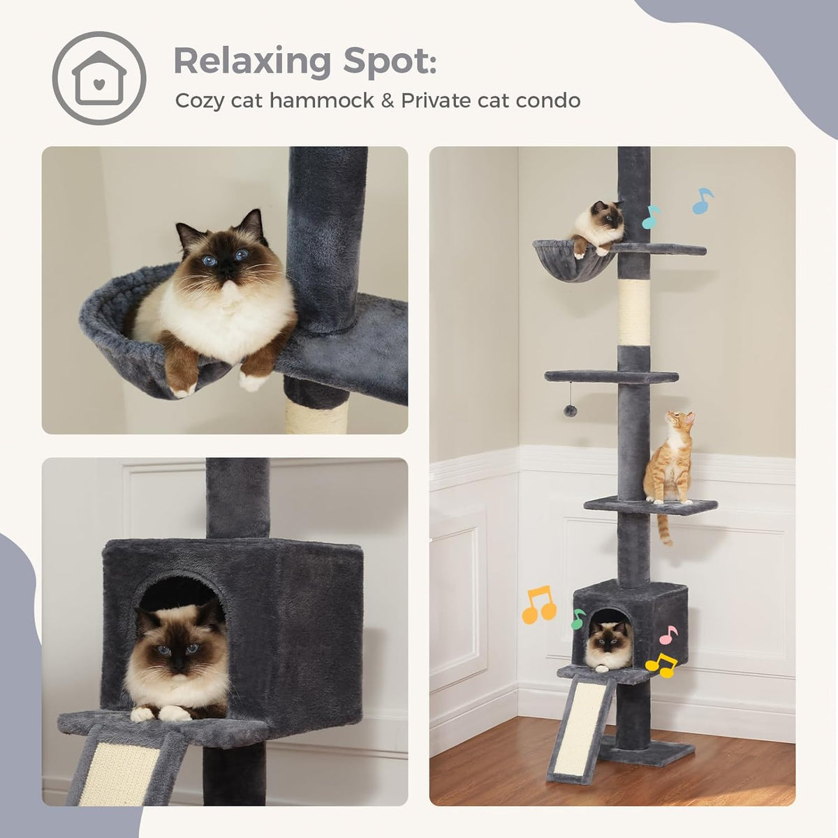 PEQULTI Floor to Ceiling Cat Tree, Tall Cat Tower, Adjustable Height (83''-108'') 5 Levels Climbing