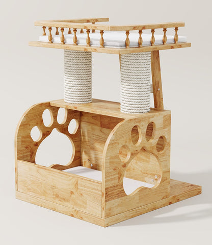 Modern Solid Wooden Cat Tree Tower, 25" Luxury Cats Trees Condo with Scratching Post, 2 Level Heavy