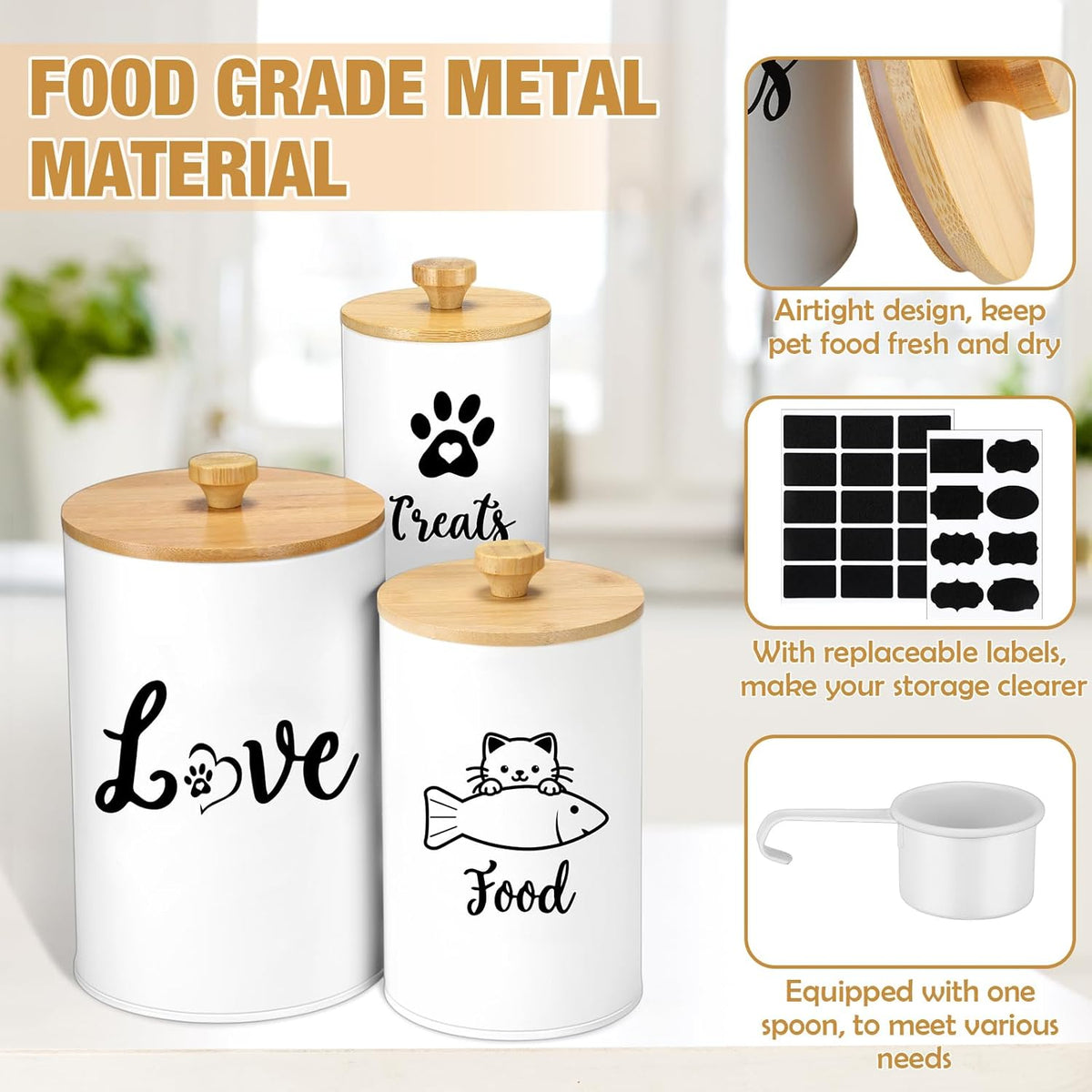 Metal Airtight Cat Treat Container Set of 3 with Bamboo Lids and Spoon Cat Food Storage Container