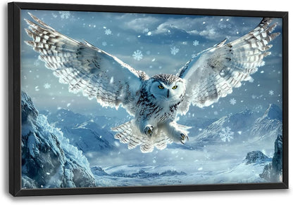 Framed Large Snowy Owl Wall Art for Living Room, Oversized Snowy Mountain Wall Decor Landscape