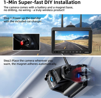 Fookoo HD Magnetic Wireless Backup Camera, 1080P 7" Dual Split Monitor & Rechargeable Rear View