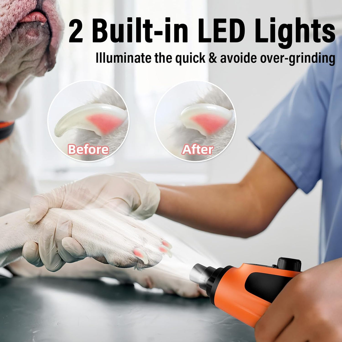 Casfuy Smart 6-Speed Dog Nail Grinder - 50% More Power Pet Nail Grinder with 2 LED Lights Quiet