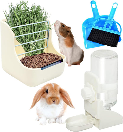 HERCOCCI Rabbit Hay Food Bin Feeder and Bunny Water Bottle Set, Hay Food Feeder Bowls Manger Rack