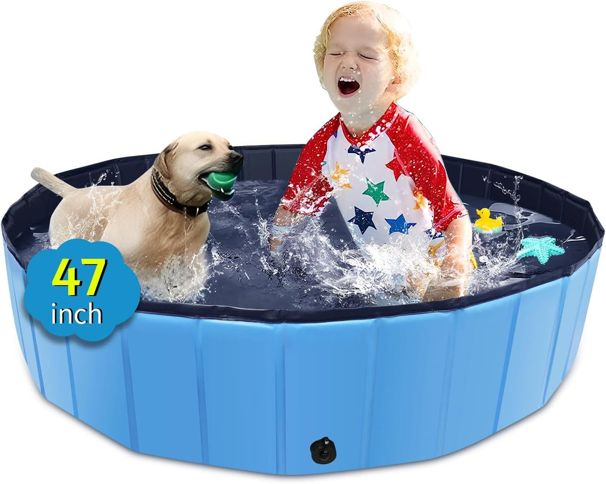 Foldable Dog Pool, 47" x 12" Kiddie Pool with Hard Plastic, Non-Slip Dog Bath Tub for Outdoor