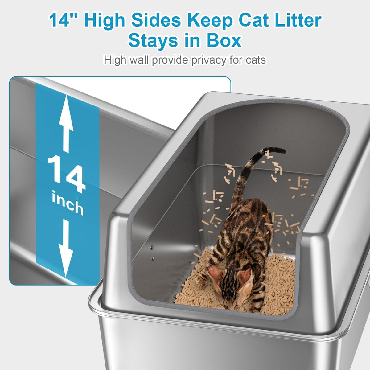 14'' High Sides XXL All Stainless Steel Cat Litter Box with Lid,XL Deep Metal Litter Box for Big