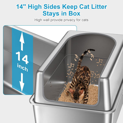14'' High Sides XXL All Stainless Steel Cat Litter Box with Lid,XL Deep Metal Litter Box for Big
