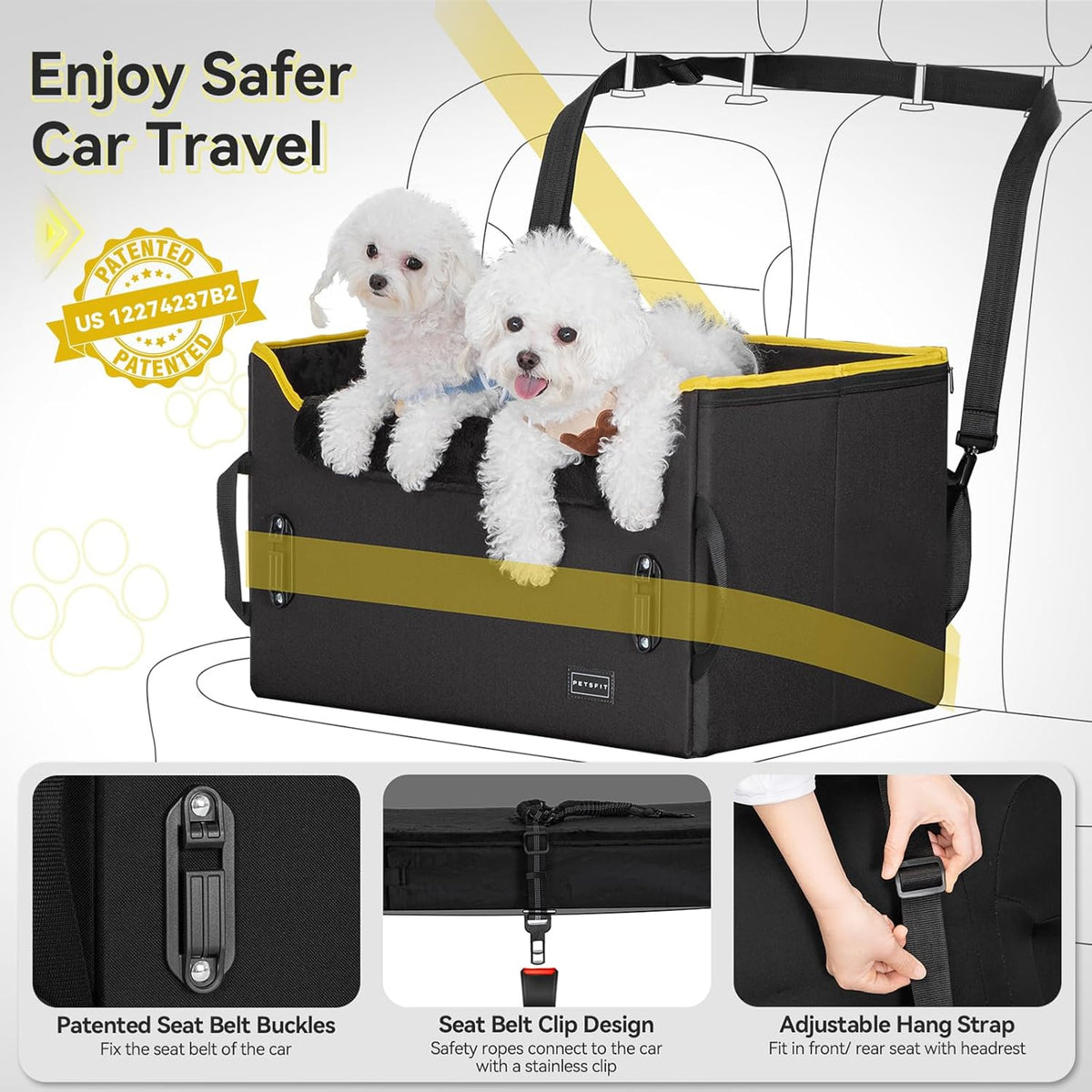 PETSFIT Dog Booster Car Seat, Dog Car Seats for Medium Sized Dogs or 2 Small Pets with 2 Safety