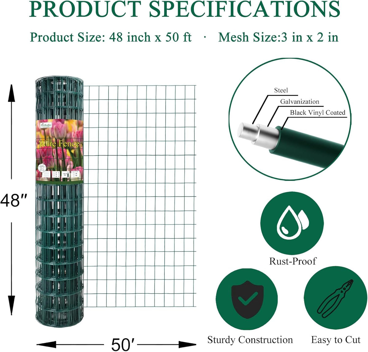 Green PVC Coated Welded Wire Fence 48 Inch x 50 Foot, 2 Inch x 3 Inch 16GA, Garden Border Fencing