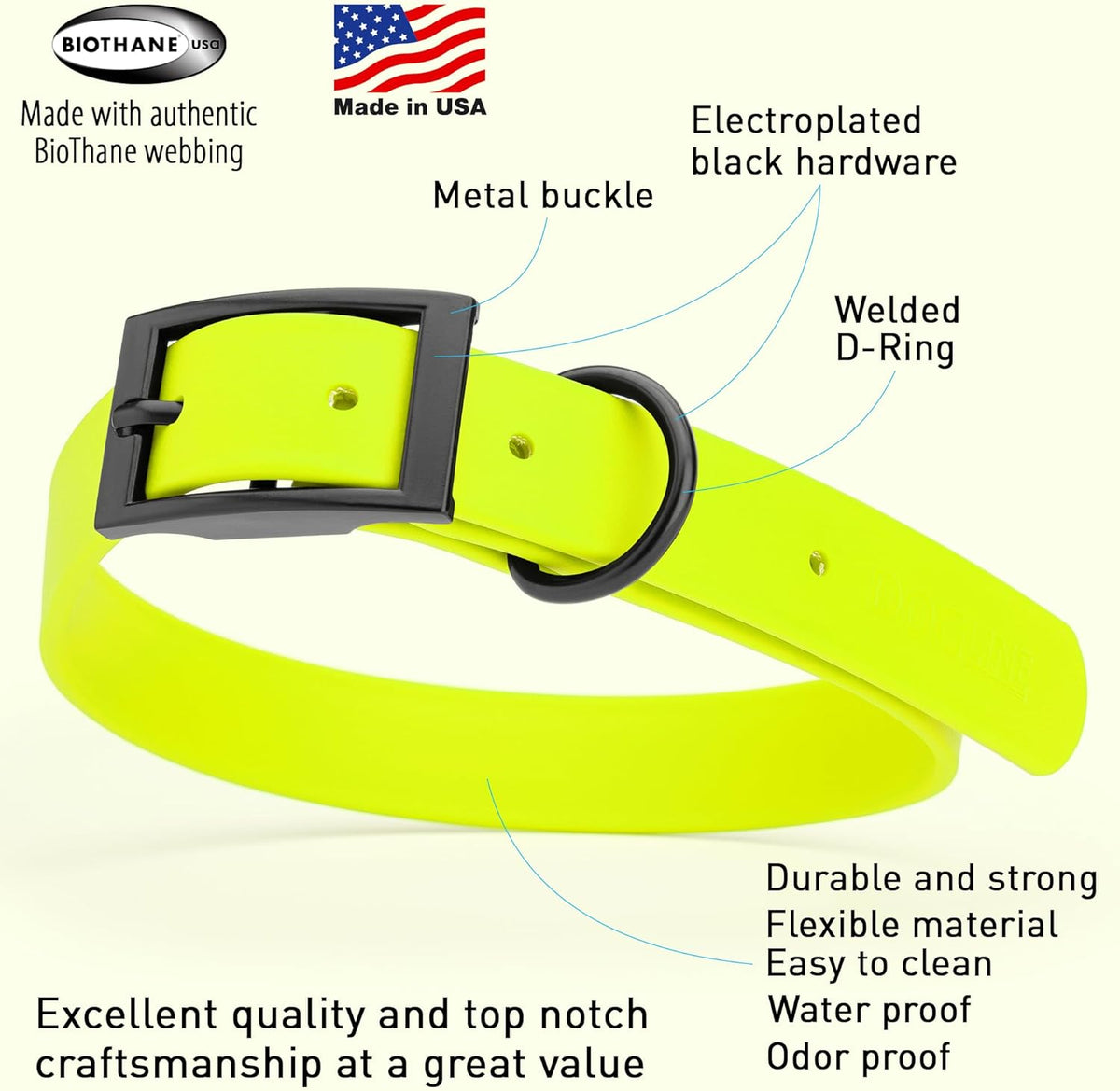 Dogline Biothane Waterproof Dog Collar Strong Coated Nylon Webbing with Black Hardware Odor- Proof
