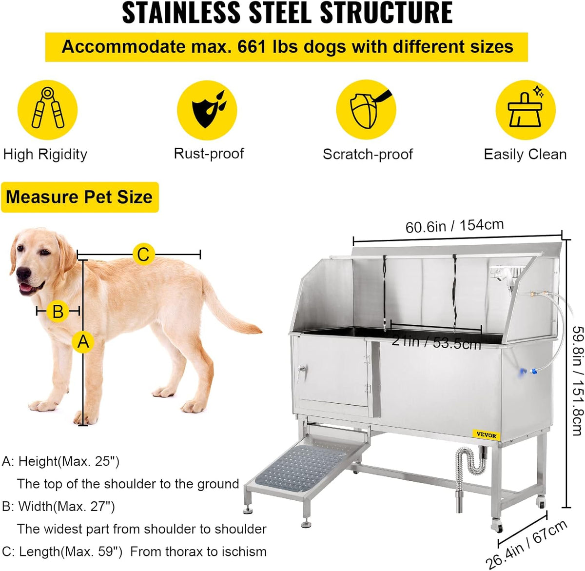 VEVOR Dog Grooming Tub, 62" L Pet Wash Station, 304 Stainless Steel Pet Grooming Tub Rated 661LBS