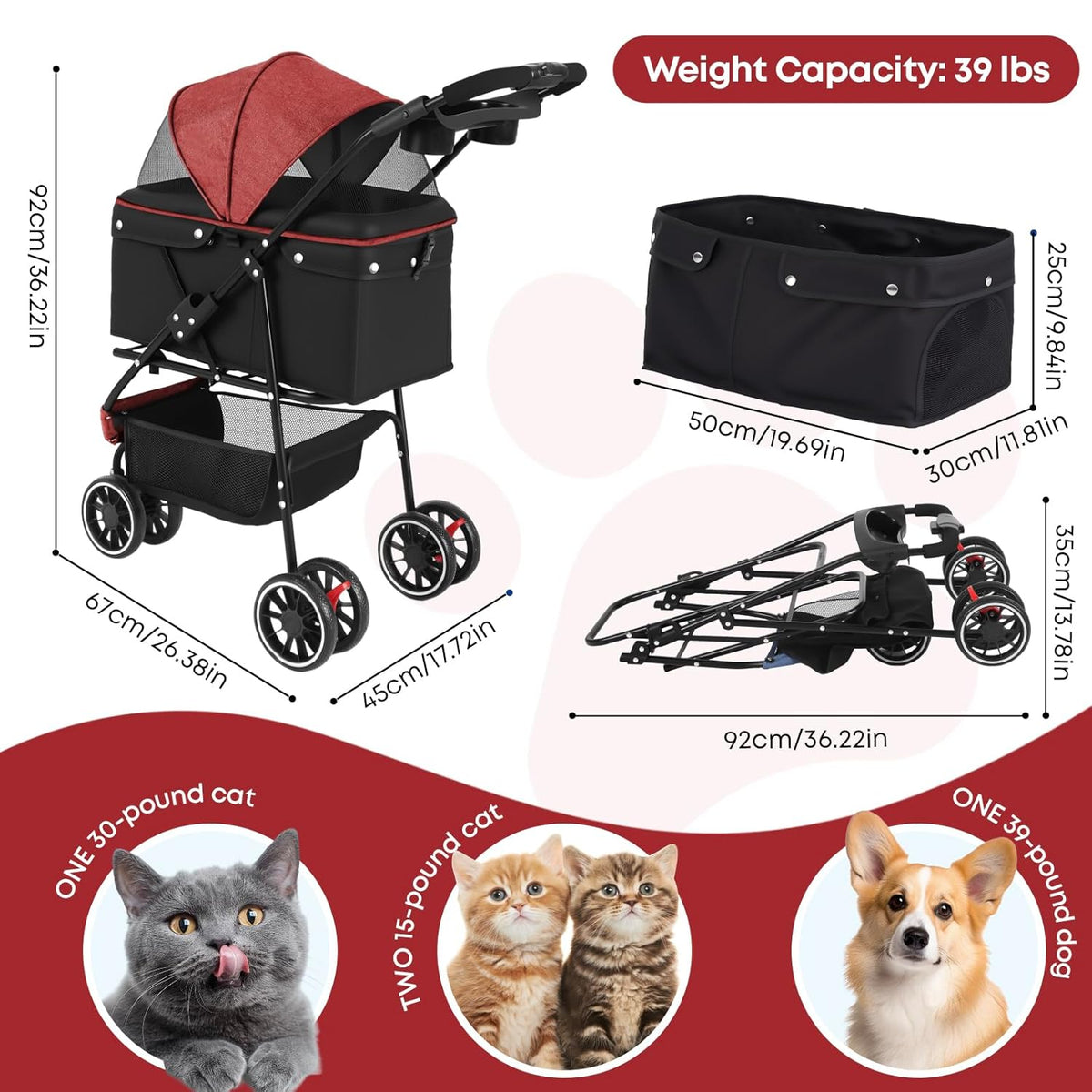 Pet Stroller,Dog Stroller for Small Medium Dogs Cats,3 Wheels,Foldable,with Breathable Mesh