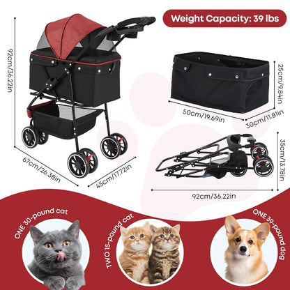 Pet Stroller,Dog Stroller for Small Medium Dogs Cats,3 Wheels,Foldable,with Breathable Mesh