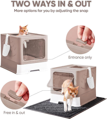 Cat Litter Box with X-Large Litter Mat and Scoop, Large Foldable Litter Box with Lid, Enclosed