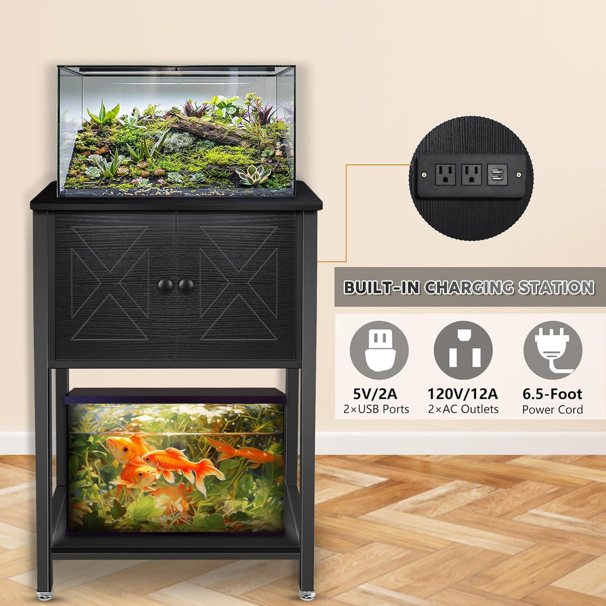 5-10 Gallon Fish Tank Stand, Heavy Duty Aquarium Stand with Cabinet & Power Outlets for Fish Tank