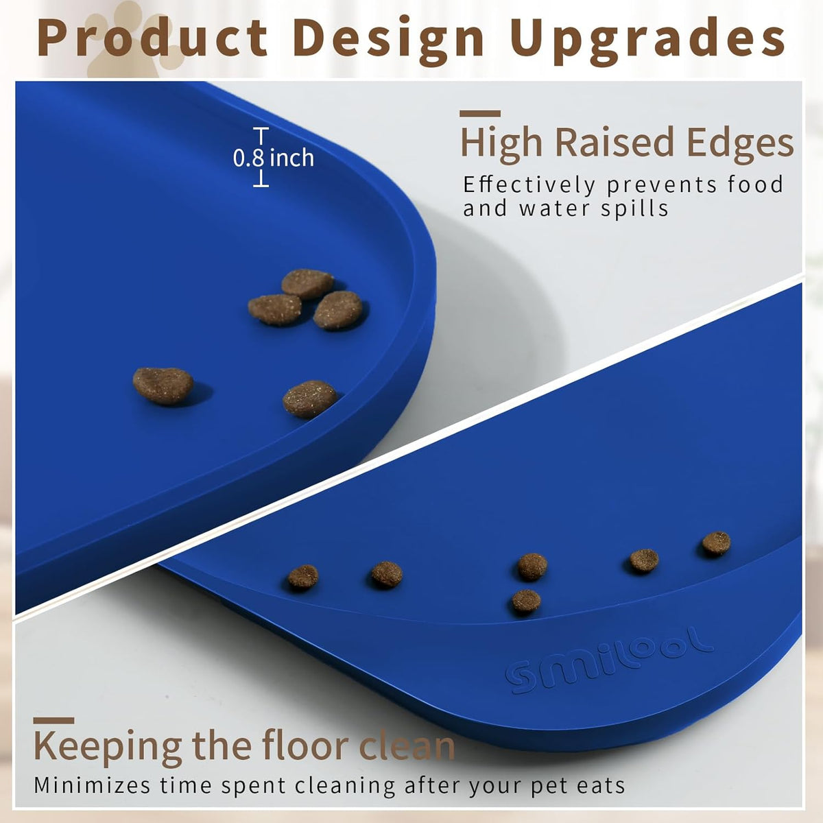 Silicone Pet Feeding Mat with Raised Edge & Residue Collection Pocket for Food and Water, Dog Bowl