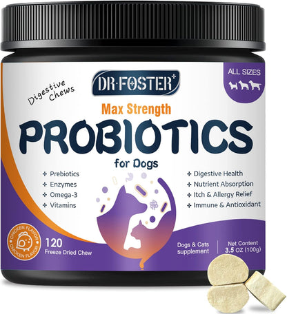 Probiotics for Dogs, Freeze-Dried Dog Probiotics and Digestive Enzymes, Plus Omega-3 for Itchy