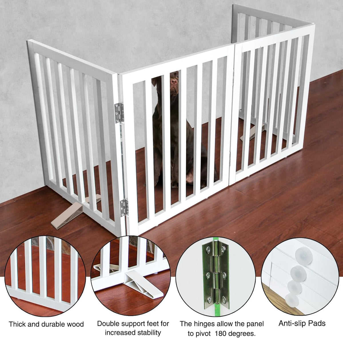ZJSF Freestanding Indoor Dog Gate for House Foldable Wood White Puppy Gate for Doorways Pet Gate