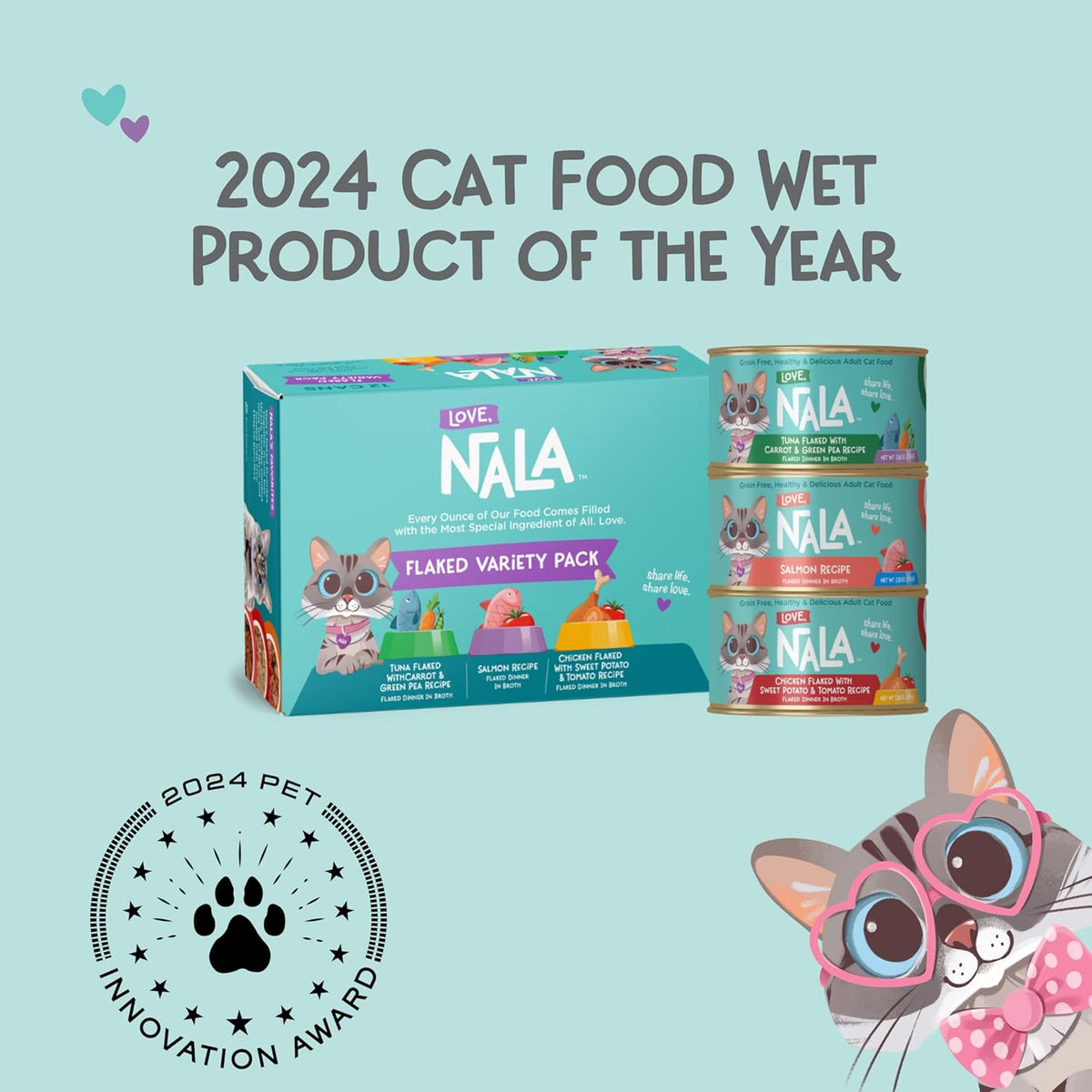 LOVE, NALA - FLAKED Fish & Chicken Variety Pack - 24 Pack- Natural Adult Cat Wet Food - Grain Free