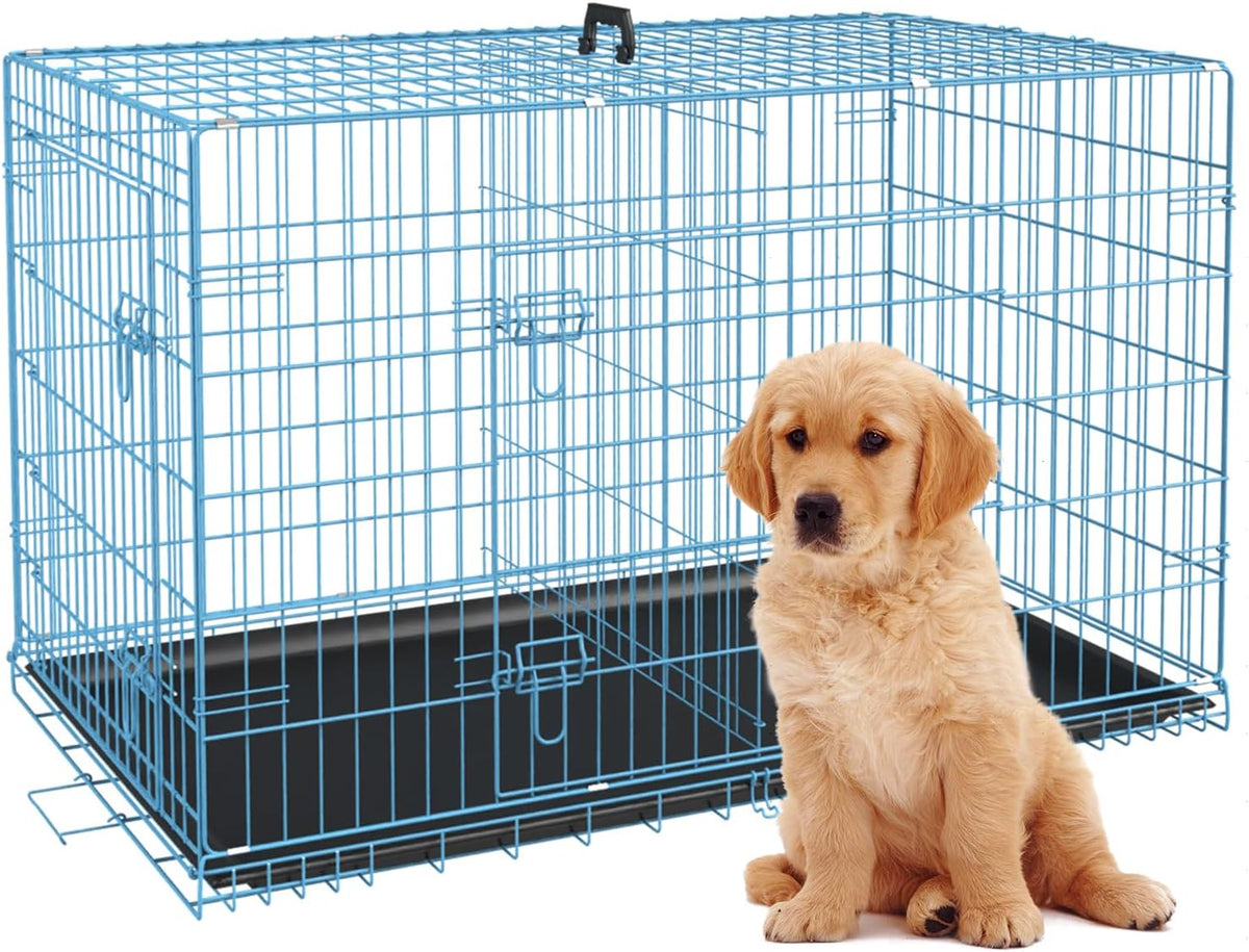 BestPet | Dog Crate | 24" | Blue | Foldable Metal Kennel with Double Doors, Secure Slide-Bolt