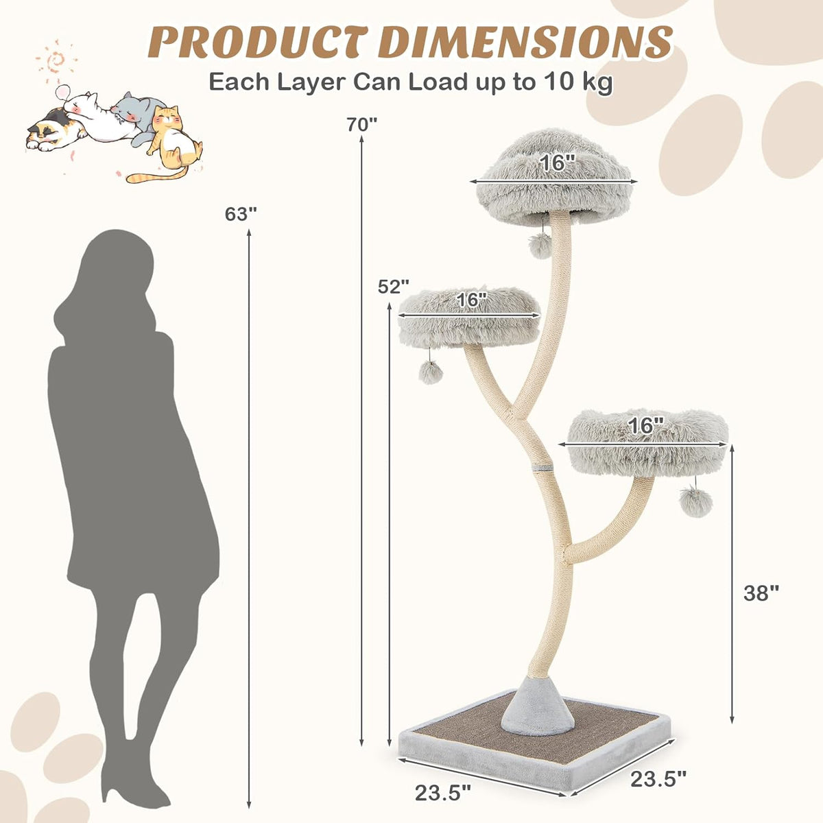 PETSITE 70" Tall Cat Tree, Cat Tower with Scratching Posts and Board, Multi-Level Cat Tower for