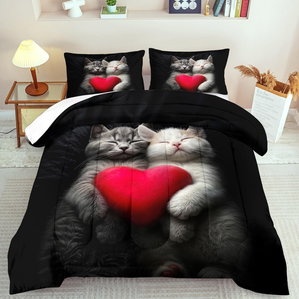 Cute Cat Comforter Set King,Kawaii Cat Bedding Set for Girls,Cute Animal Comforter Red Love Heart