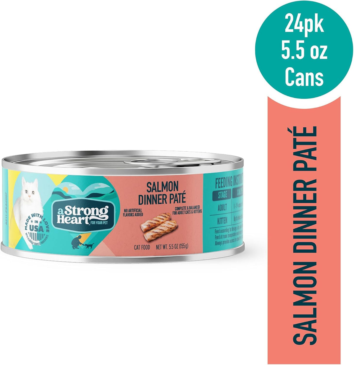 A Strong Heart Canned Wet Cat Food, Salmon Dinner Paté - 5.5 oz Cans (Pack of 24), Made in The USA