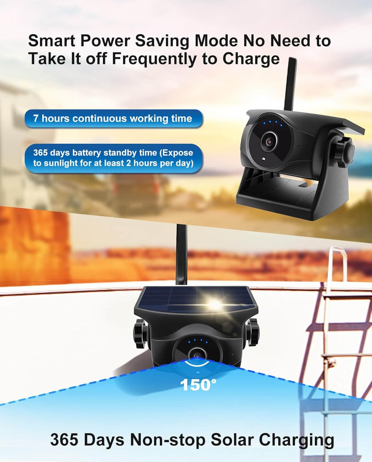 1080P Solar Wireless Backup Camera - Magnetic Hitch Rear Front Camera with Night Vision, 365-Day