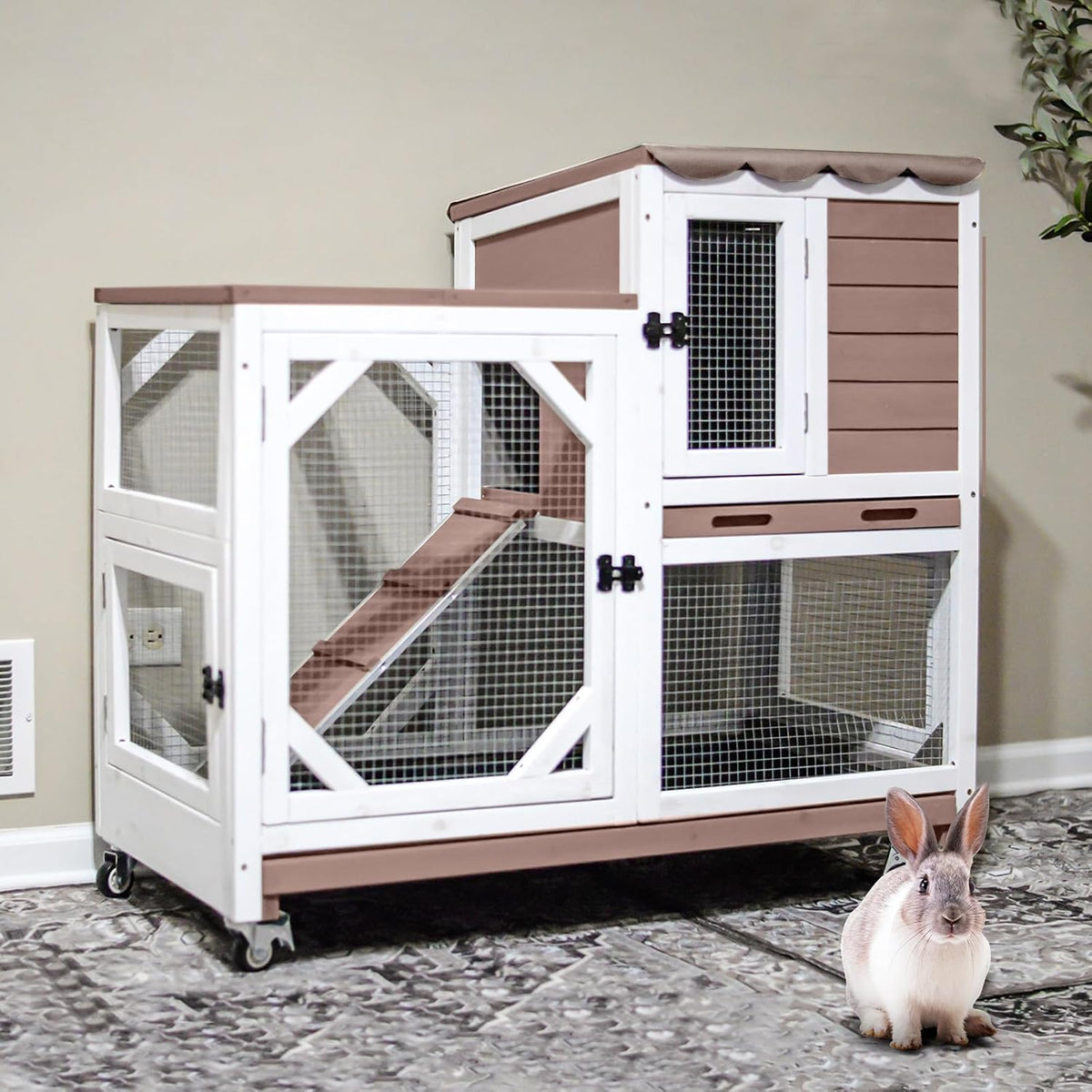 Gutinneen 2-Story Rabbit Hutch with Chew-Proof Ramp & Leak-Proof Trays - Indoor/Outdoor 39.3"