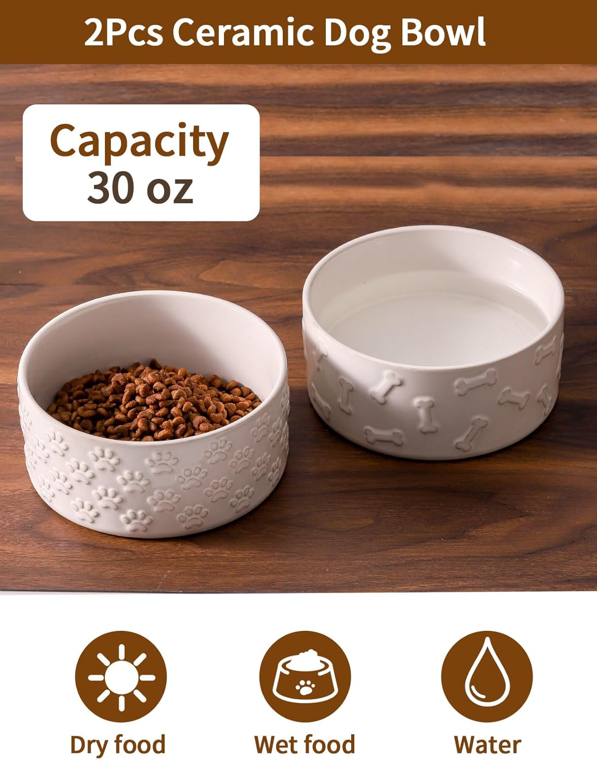 UBEE Ceramic Dog Bowl Set of 2, 6.1 inch Dog Food Bowl Dish with Bone Paw Pattern, Pet Food Water