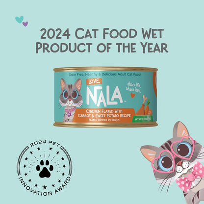 LOVE, NALA - Natural Adult Cat Wet Food - FLAKED Chicken with Carrot & Sweet Potato in Broth