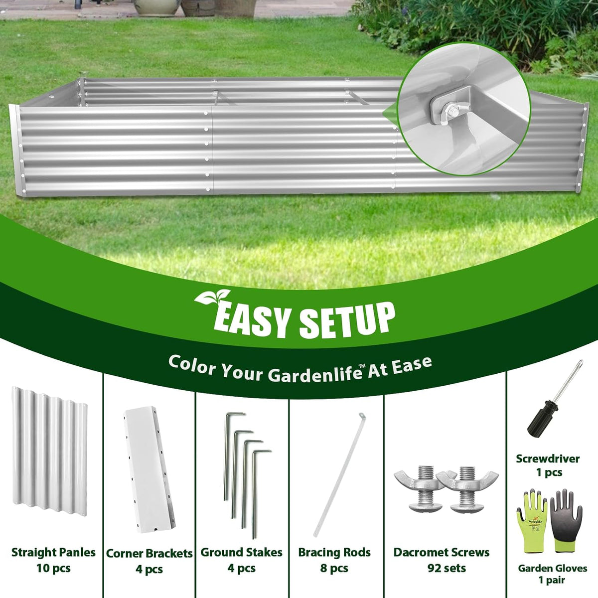 A ANLEOLIFE 8X4X1.5 ft Galvanized Raised Garden Bed, Rectangle Above Ground Modular Metal Planter