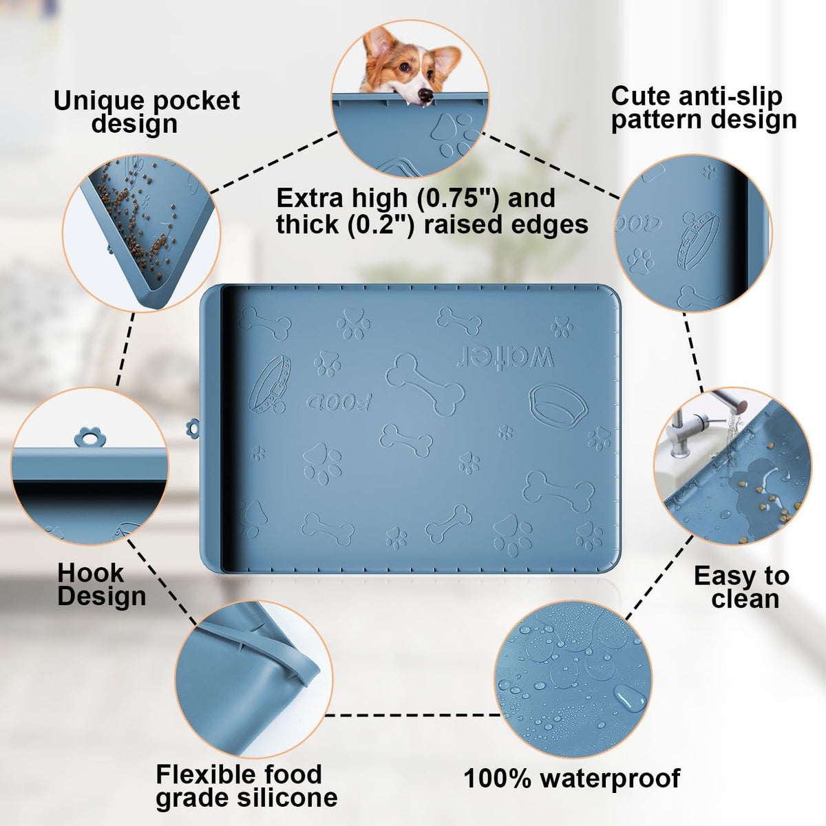 Dog Food Mat - Silicone Dog Mat for Food and Water - 36" x 24" Large Pet Feeding Mats with Residue