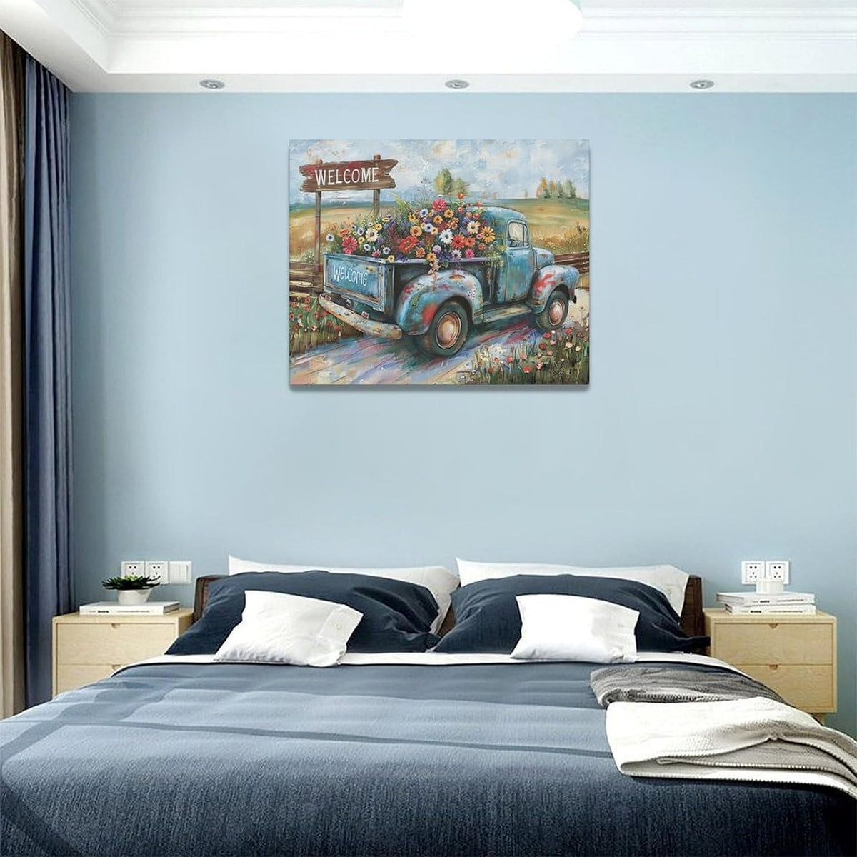 Farmhouse Truck Wall Art Rustic Country Wildflowers Wall Decor Road Flowers Landscape Pictures