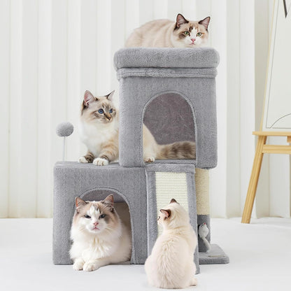 24inch Tall cat Tree with 2 cat condo and Mouse Toy Cozy Small cat Tower with Scratching Post and